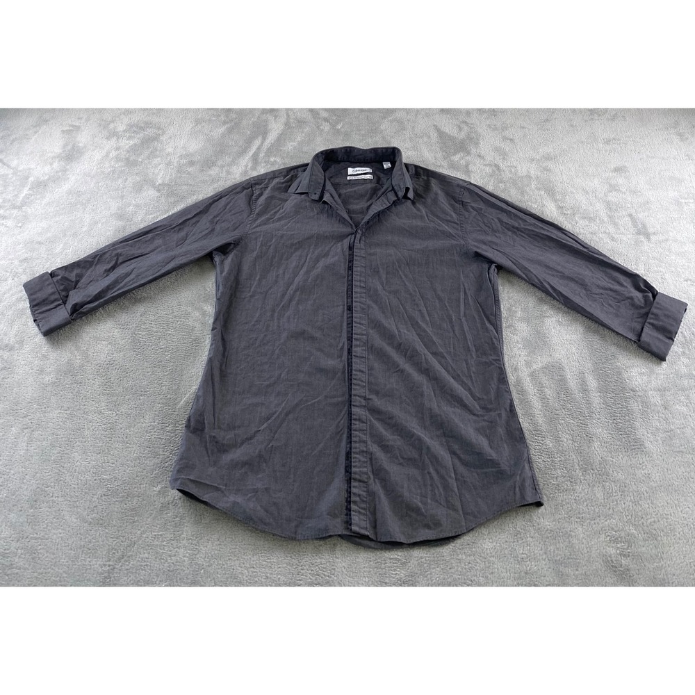 Calvin Klein Mens Slim Fit Button Down Shirt Dark Gray 100% Cotton 15.5 32/33